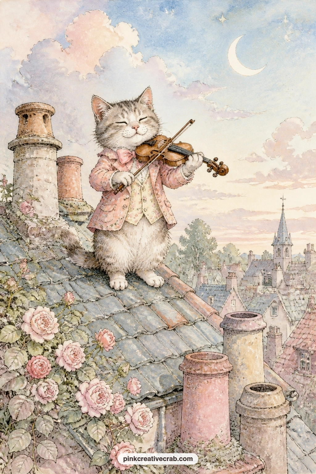 Fiddle Cat On The Roof printable page — Beginners can glue this flat with no fuss; those feeling bolder might tear the edge of the sheet along the roofline