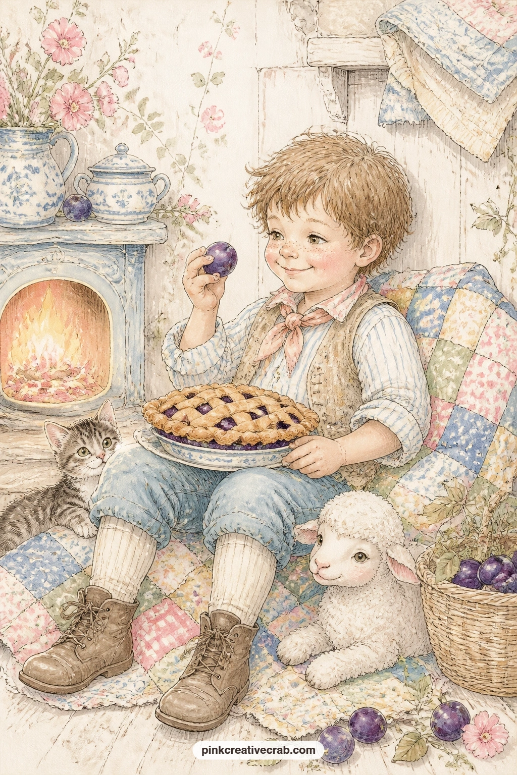 Jack Horner's Corner printable page — Little Jack Horner sits tucked in a corner with his plum pie balanced on his knee, a patchwork quilt draped nearby and a