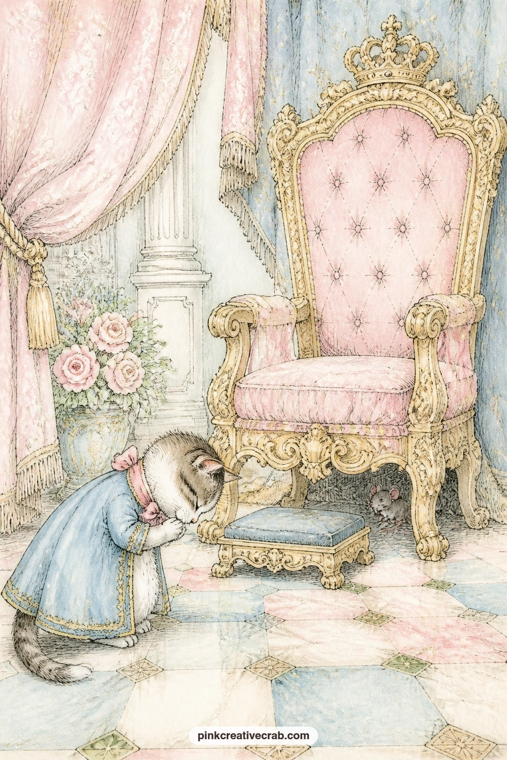 Cat Before The Queen printable page — Place this one next to the Old King Cole page later in the set: two royal scenes facing each other make a strong spread
