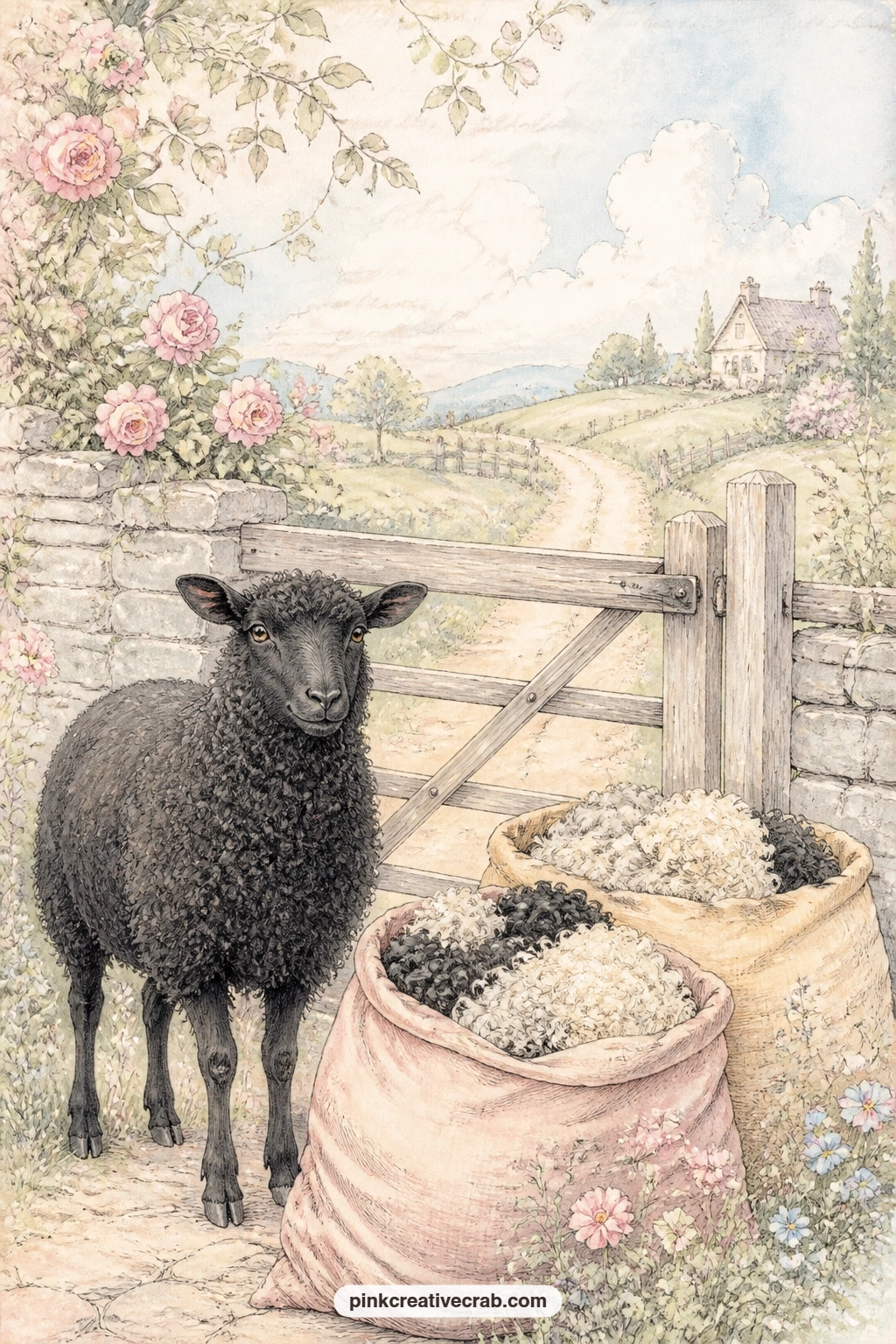 Black Sheep By The Gate printable page — Have your three bags full: list three small wishes or memories for the little one along the fence line drawn across