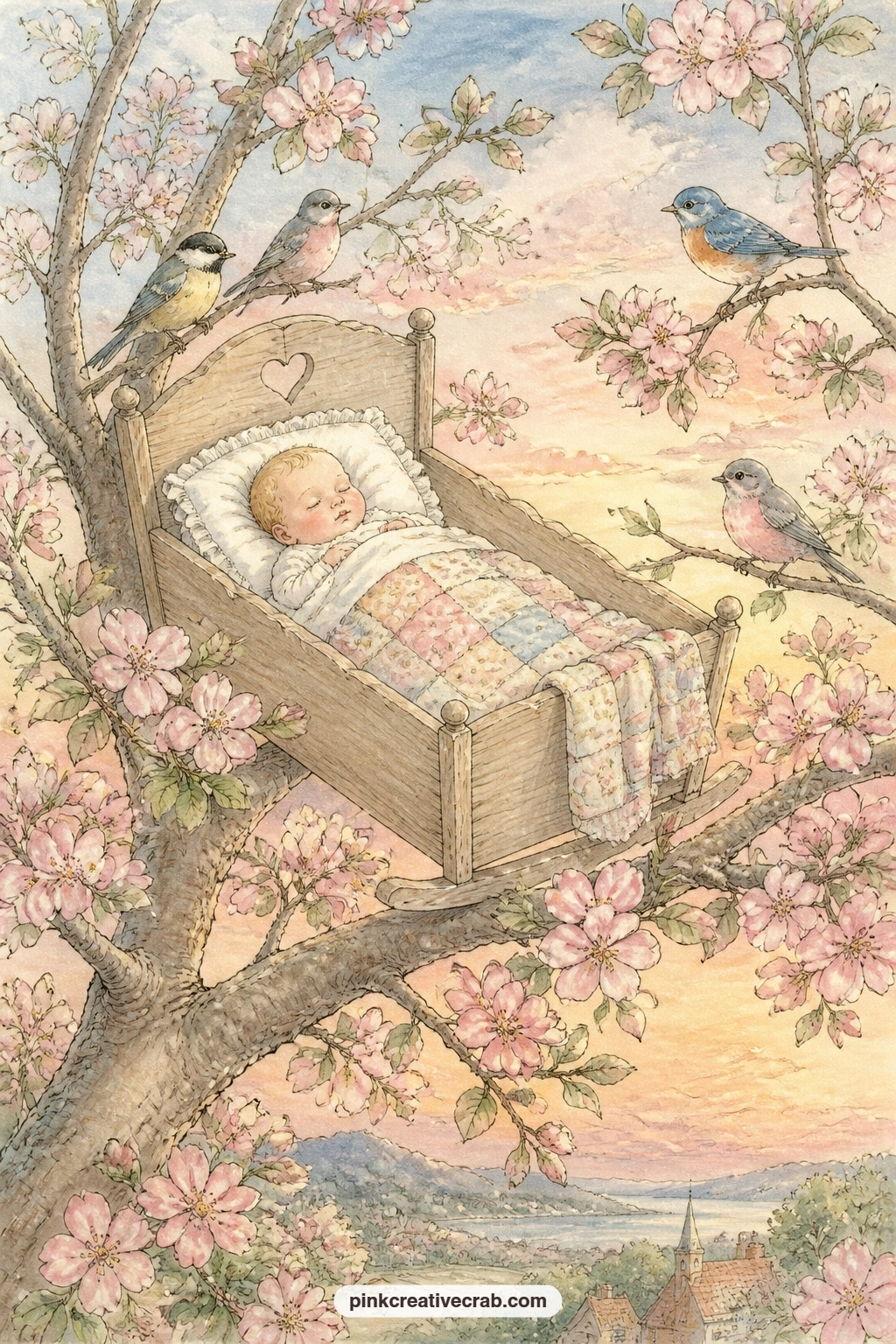Rock-a-Bye Baby's Cradle printable page — A small cradle rests in a blossoming treetop while birds perch along the branches, the whole bough swaying gently
