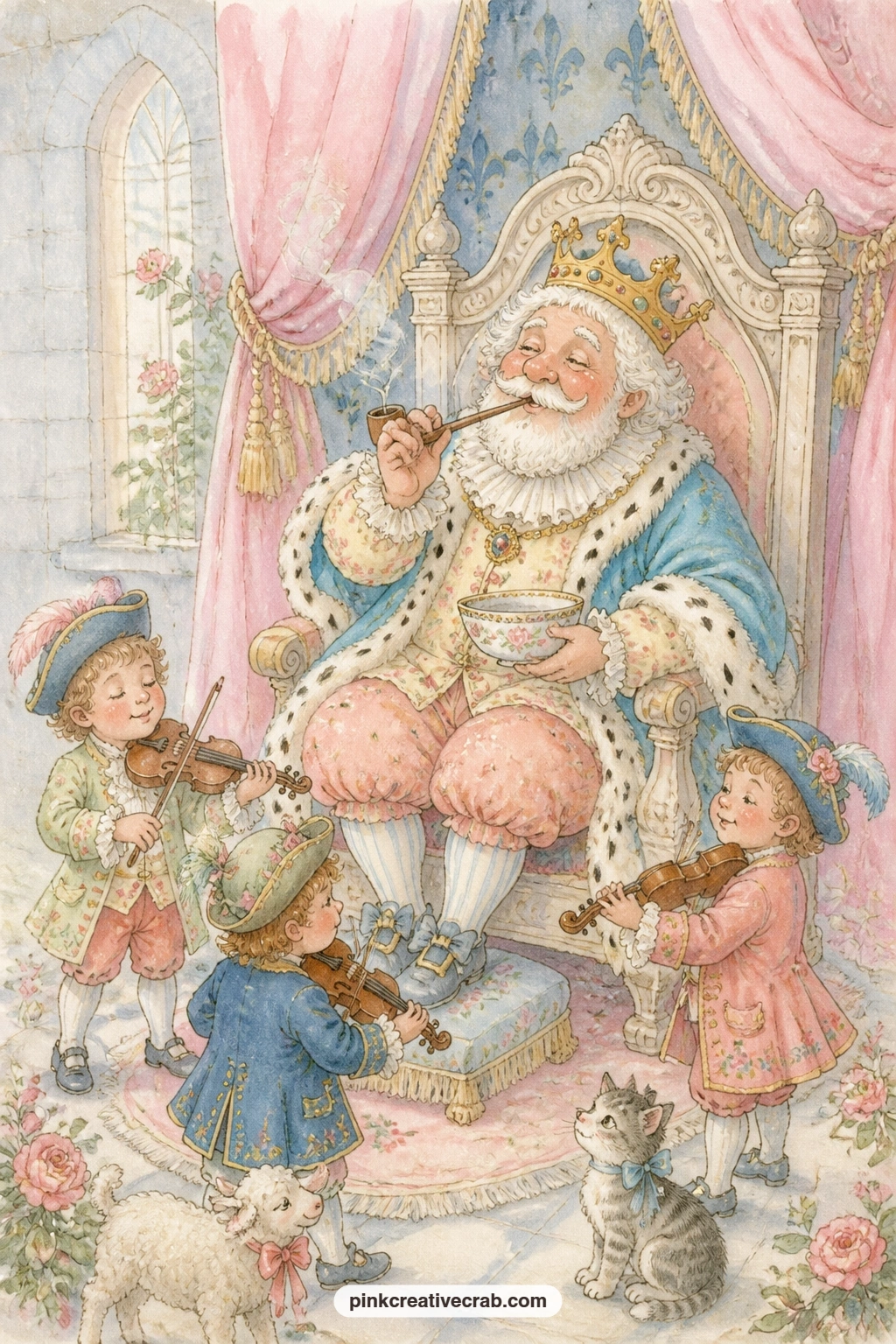 Old King Cole's Court printable page — Old King Cole sits on his throne with his pipe and his bowl close at hand, three small fiddlers playing beside him, much