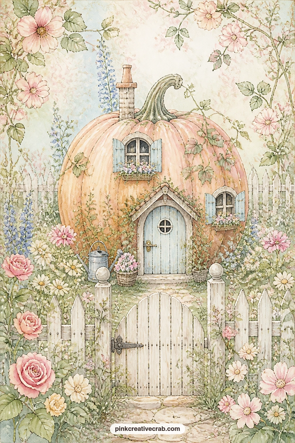 Pumpkin Cottage Garden printable page — Snip a small window shape into the pumpkin shell before gluing this page in, and tuck a tiny photo behind the opening