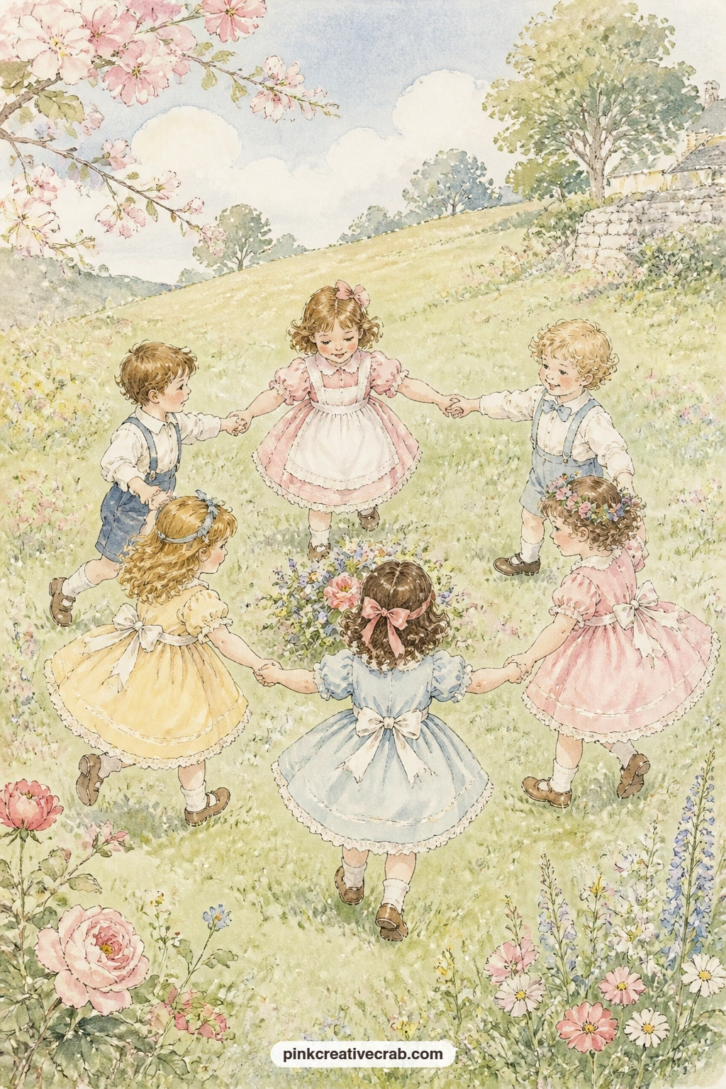 Ring Around The Rosie printable page — Keep this one for the five minute moment: children dance in a circle of posies in a meadow, and the page needs nothing