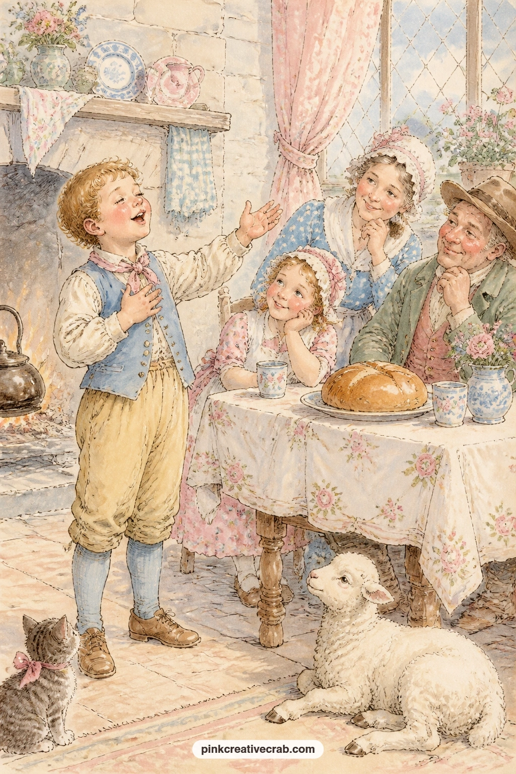 Tommy Tucker Sings For Supper printable page — Little Tommy Tucker stands singing beside a cottage table set with fresh bread, his audience gathered close