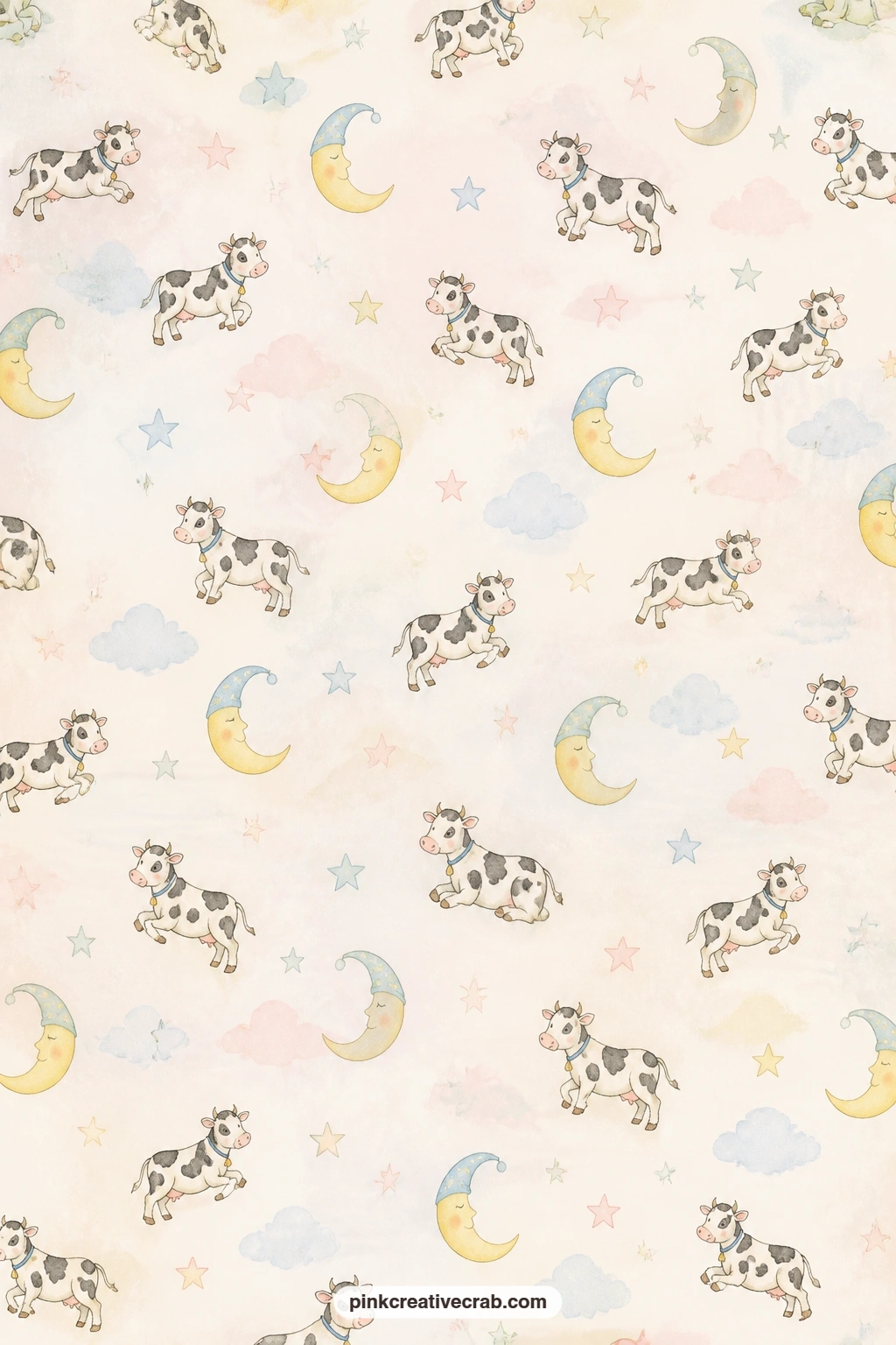 Cow And Crescent Moon Toss printable page — Try this behind a nighttime photo, as the inside lining of a journal cover, or cut into strips for a border along