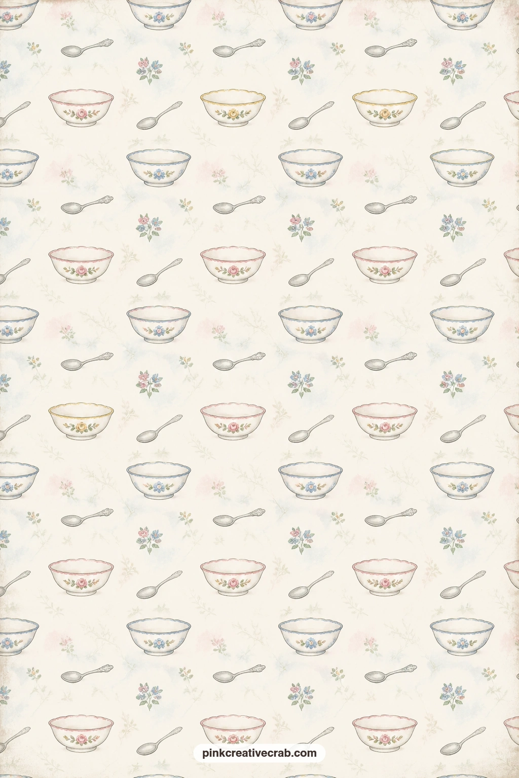 Dish And Spoon Motif Pattern printable page — Use this one under a kitchen photo, as a pocket lining for recipe cards, or as a cheerful cover wrap that pairs