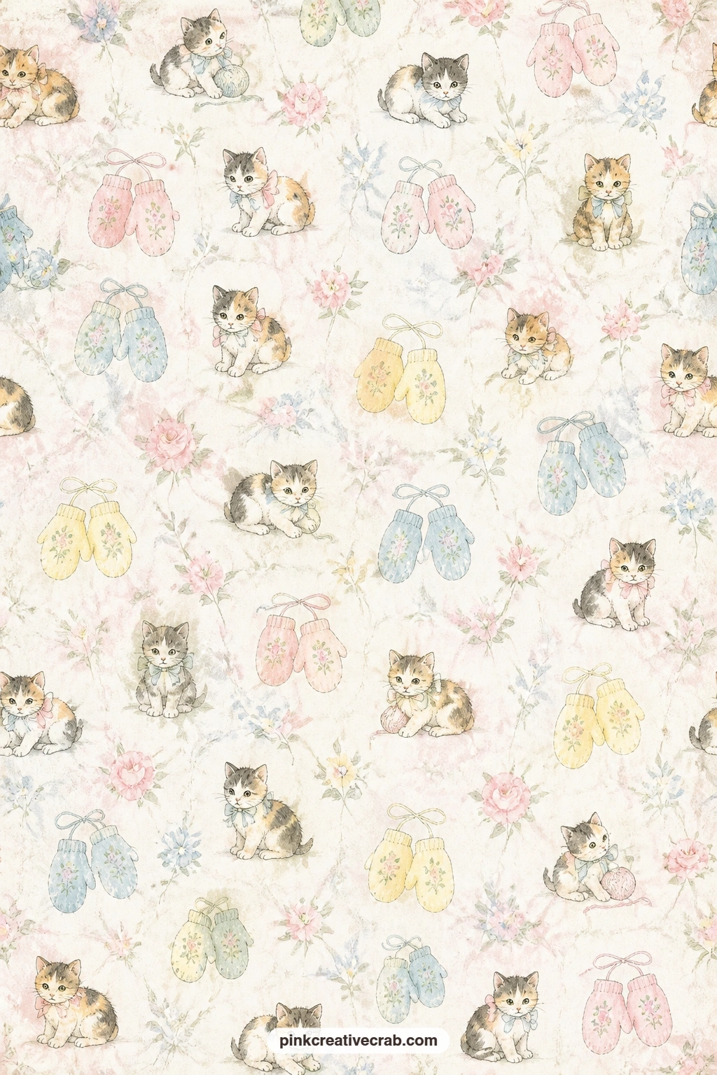 Kittens And Mittens Calico printable page — Back the kittens scene page with this one, line a mitten shaped pocket for small notes, or use it as the cover for