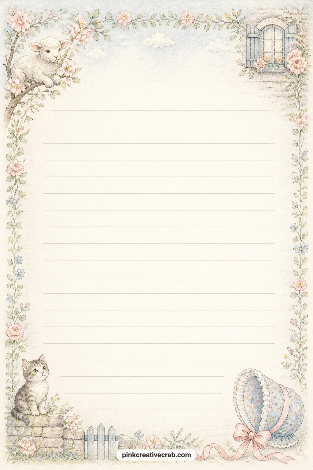 Mother Goose Bonnet Lined Page printable page — Use the ruled lines for a letter to the little one reading this journal one day, a list of favorite rhymes read