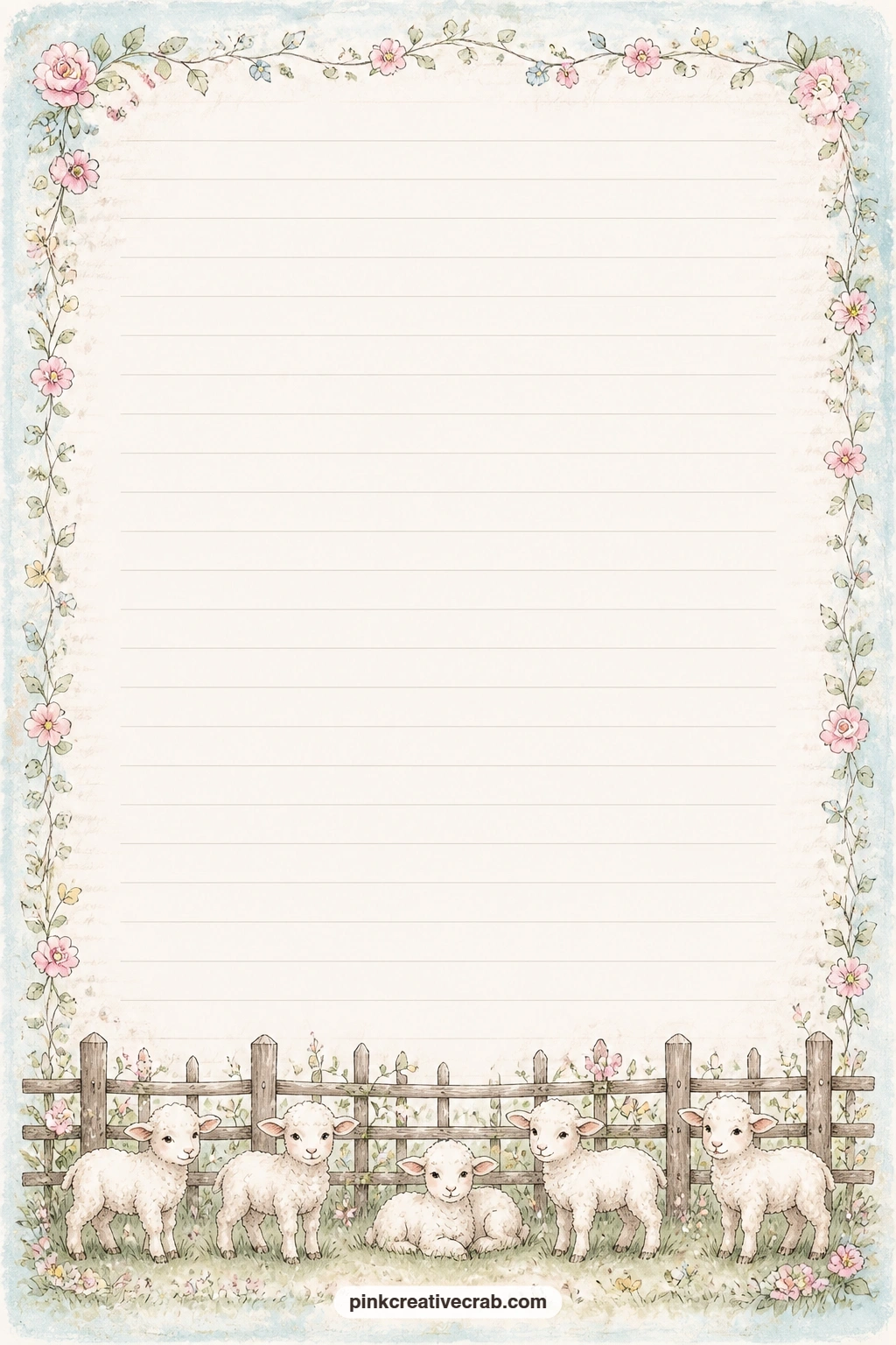 Sheep And Fence Border Lined Page printable page — Write a short list of lullabies sung at bedtime, a gift list for a baby shower, or a few lines about the