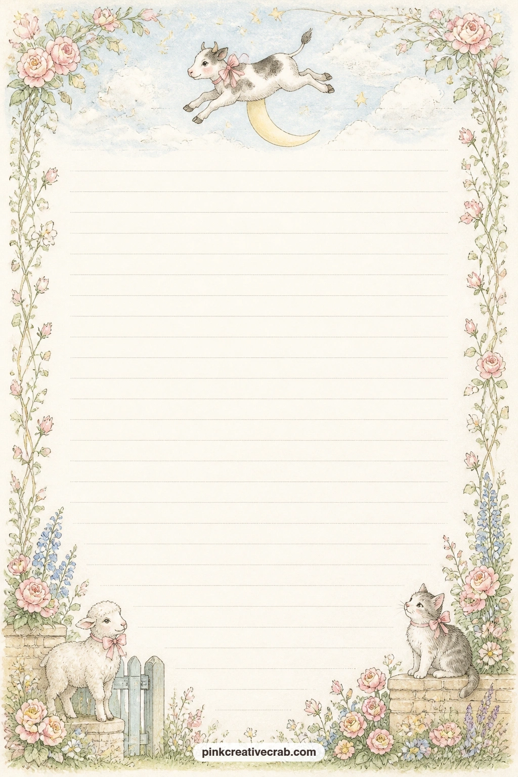 Cow Over The Moon Header Lined Page printable page — Record a bedtime story, a wish made at bathtime, or a short note about the moon the night this page was