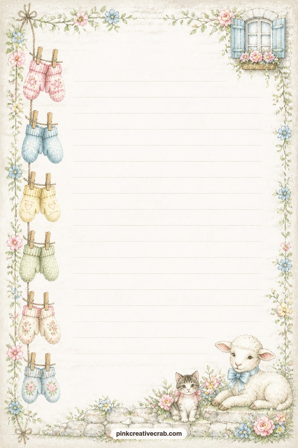 Mittens On A Clothesline Lined Page printable page — Jot a gift list for a baby shower, a note about tiny knitted mittens kept in a drawer, or a line about the