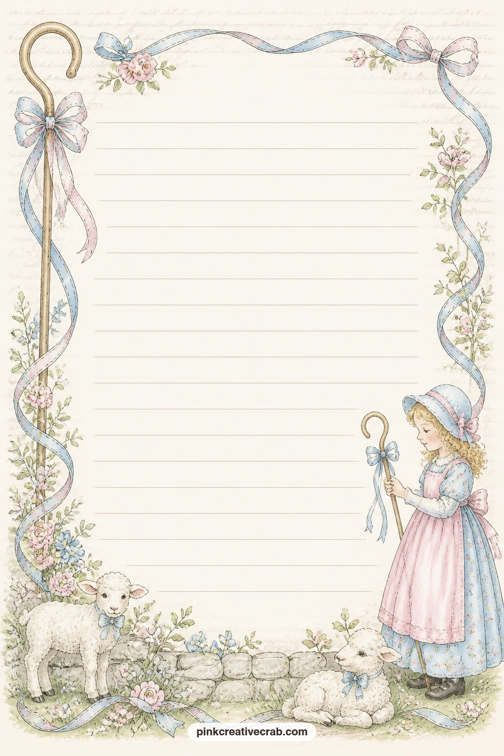 Bo Peep Crook And Ribbon Frame Lined Page printable page — Fill the lines with a letter to next year, a short memory of a favorite rhyme, or a note tucked in