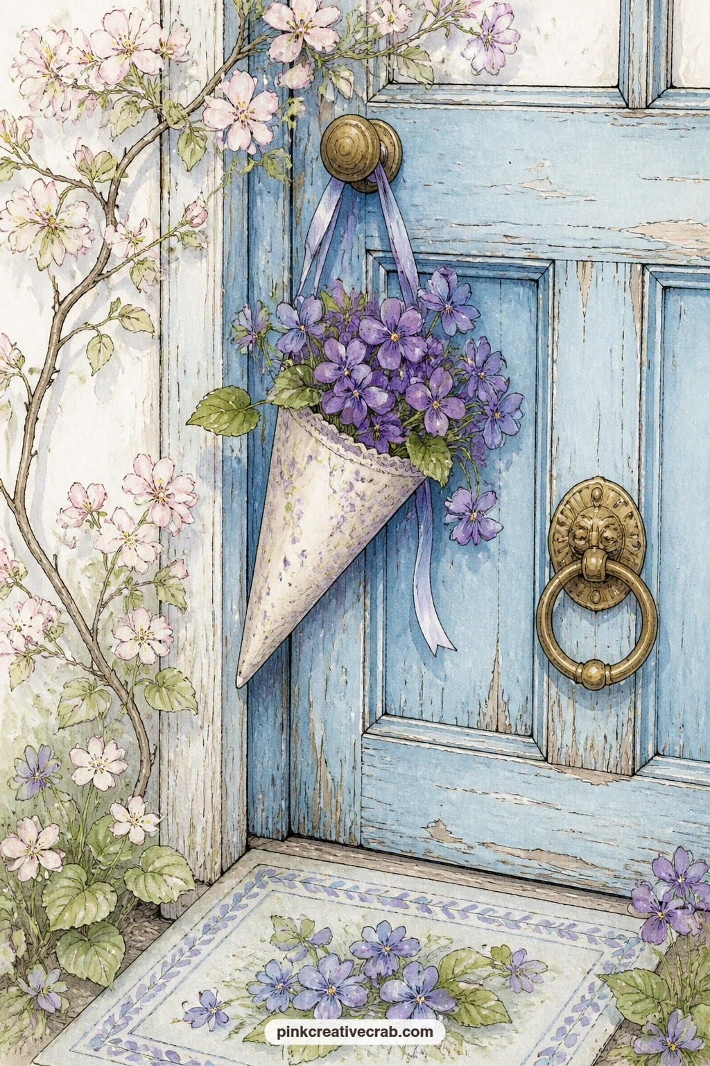 Violet Basket On A Blue Door printable page — A paper cone basket of violets hangs from the knob of an old blue cottage door, waiting to be found on the first