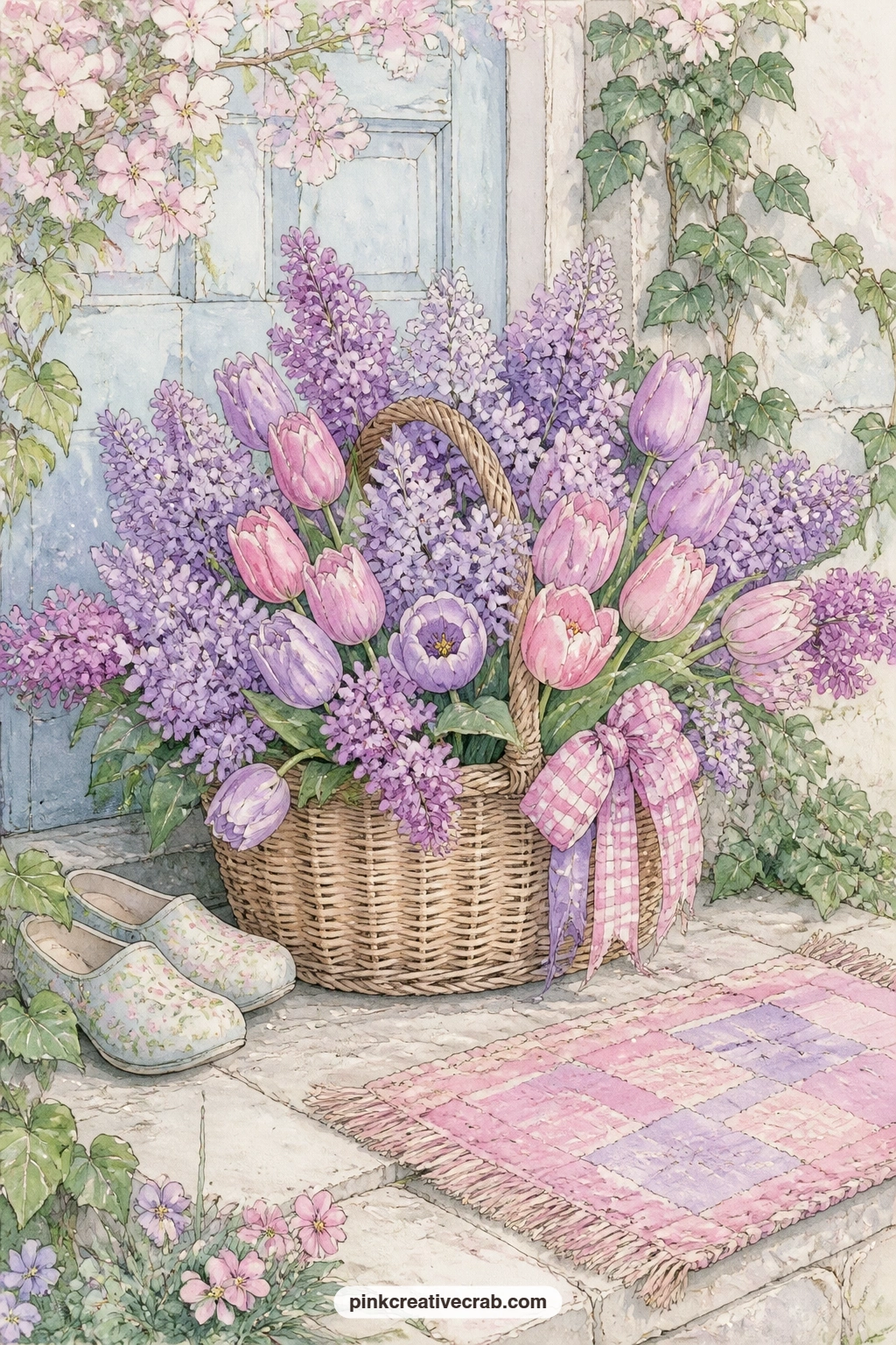Wicker Basket Of Lilacs And Tulips printable page — Tuck a real pressed lilac petal or a scrap of ribbon under the handle before you glue this page in, so the