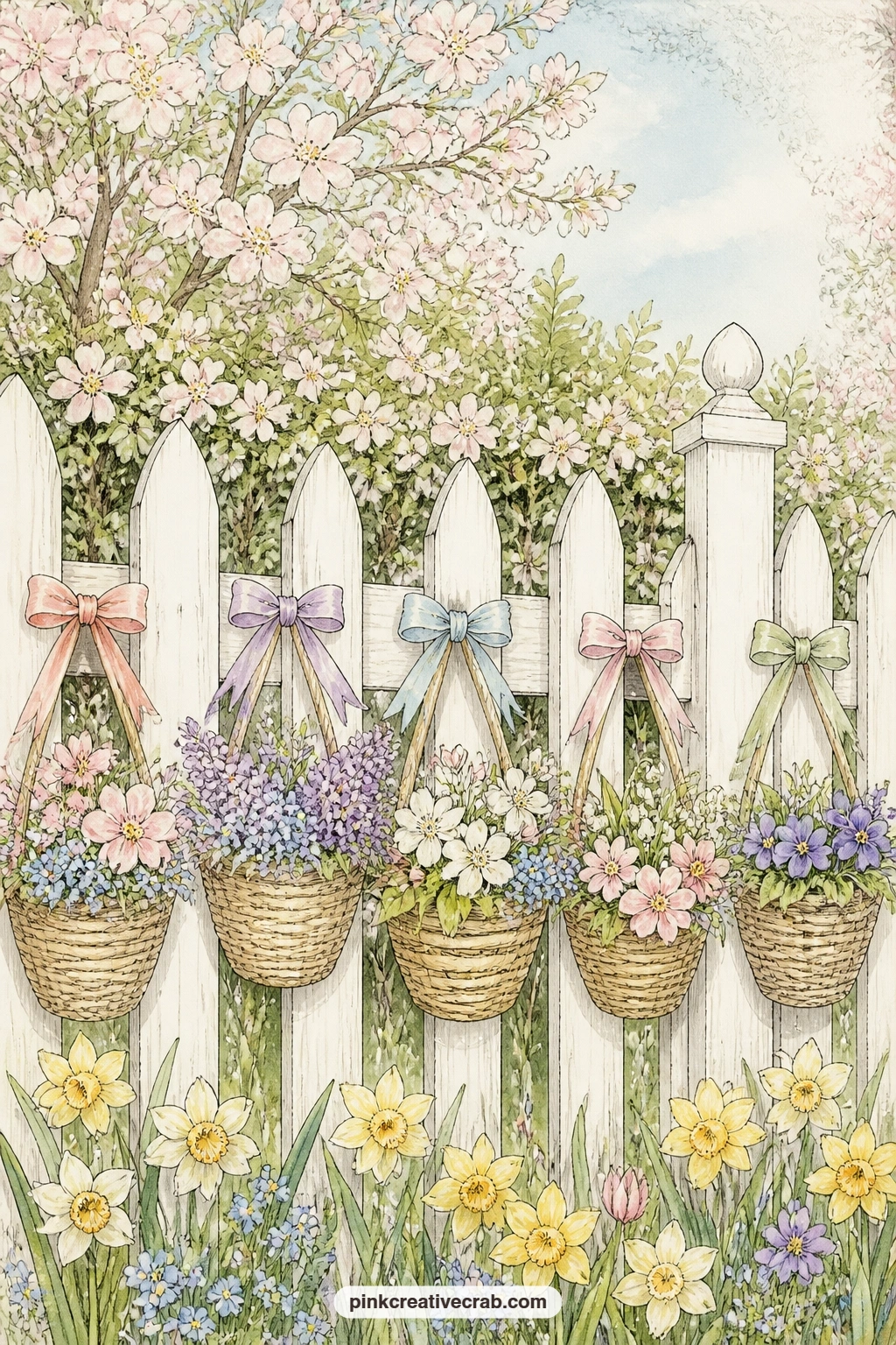 Row Of Baskets On A Picket Fence printable page — Pair this page with the apple blossom background paper from this set: use the blossom sheet as a pocket