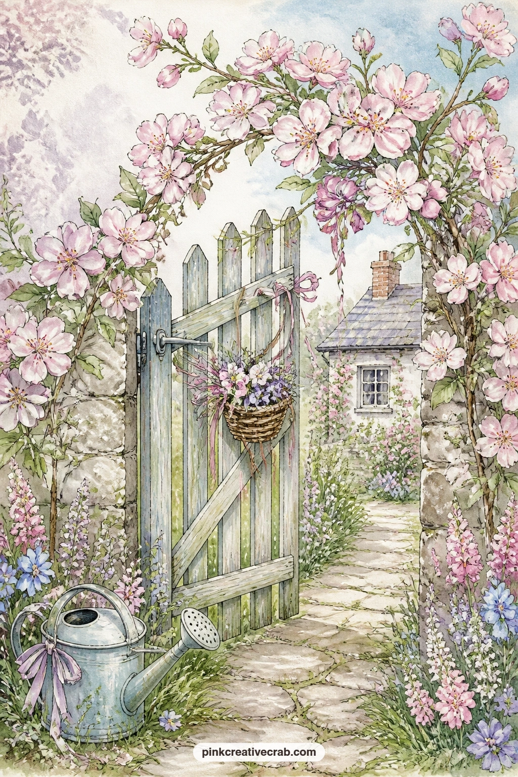 Gate Wound With Apple Blossom printable page — The usual mistake with a gate page is leaving it too bare behind the blossom. May day junk journal