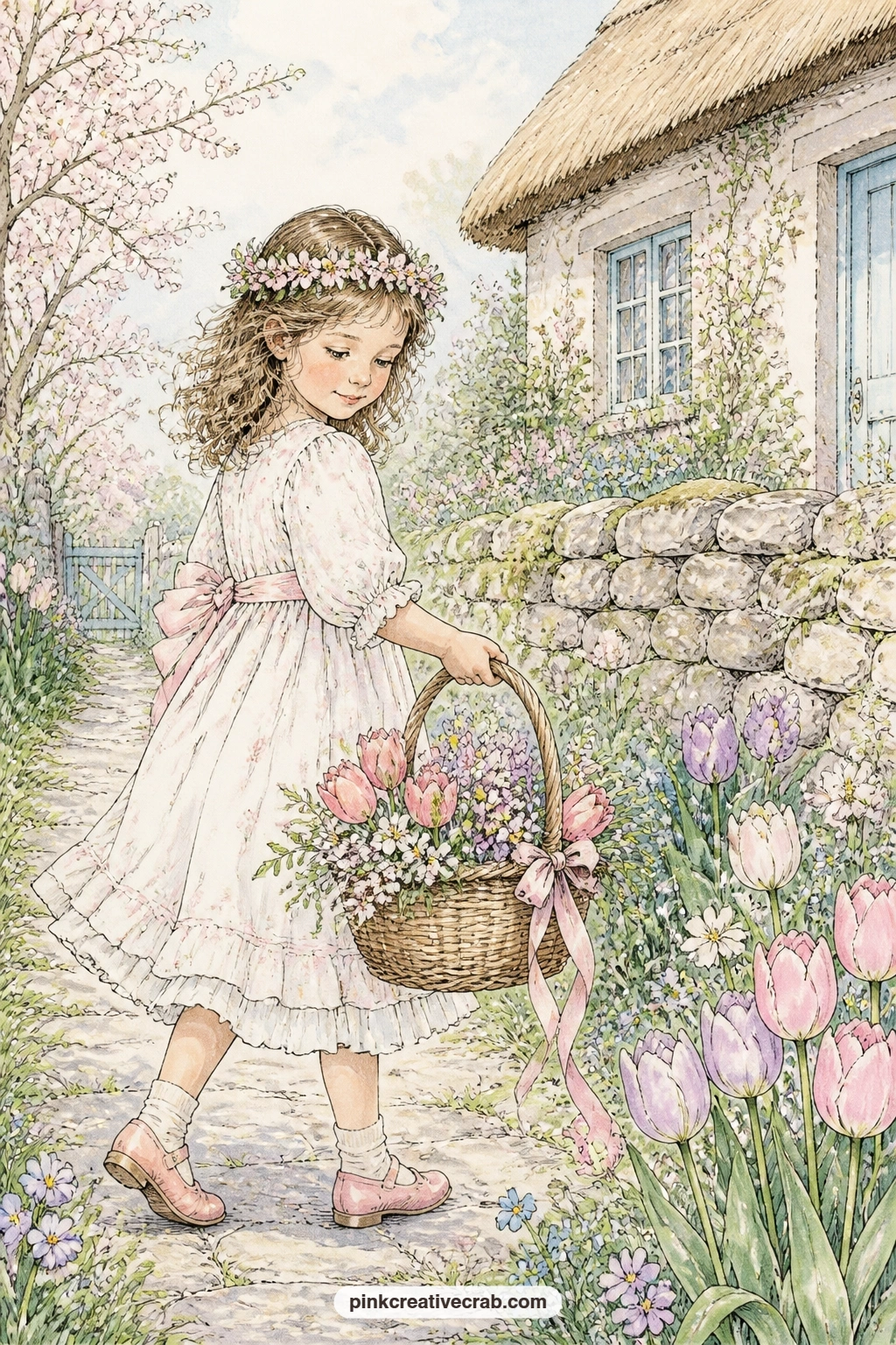 Little Girl Carrying A Basket Home printable page — Write the name of a child in your own family along the path beside her, or leave the page blank for a