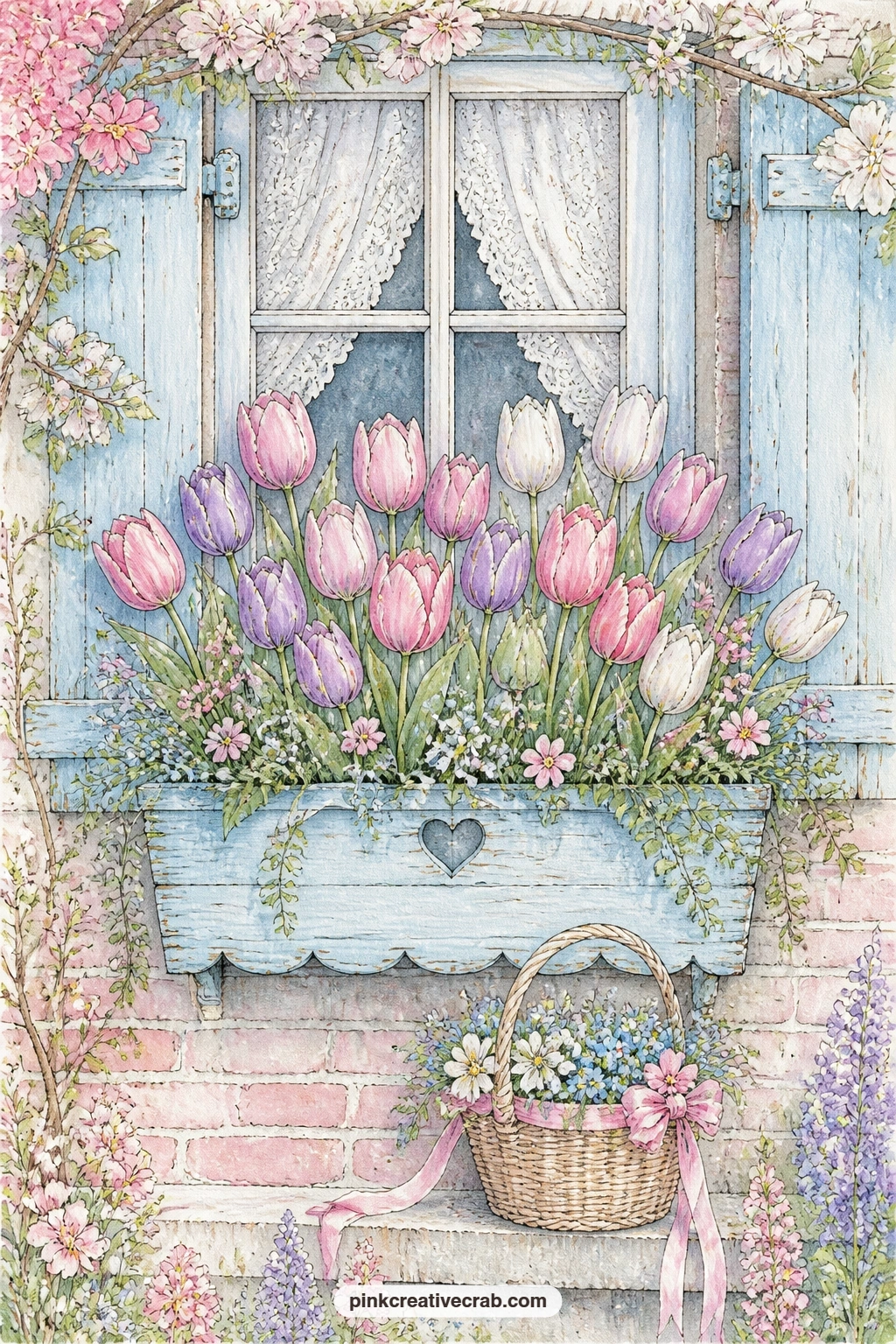 Cottage Window Box Of Tulips printable page — Tulips spill from a window box while a small basket rests on the sill below, an easy five minute version of this