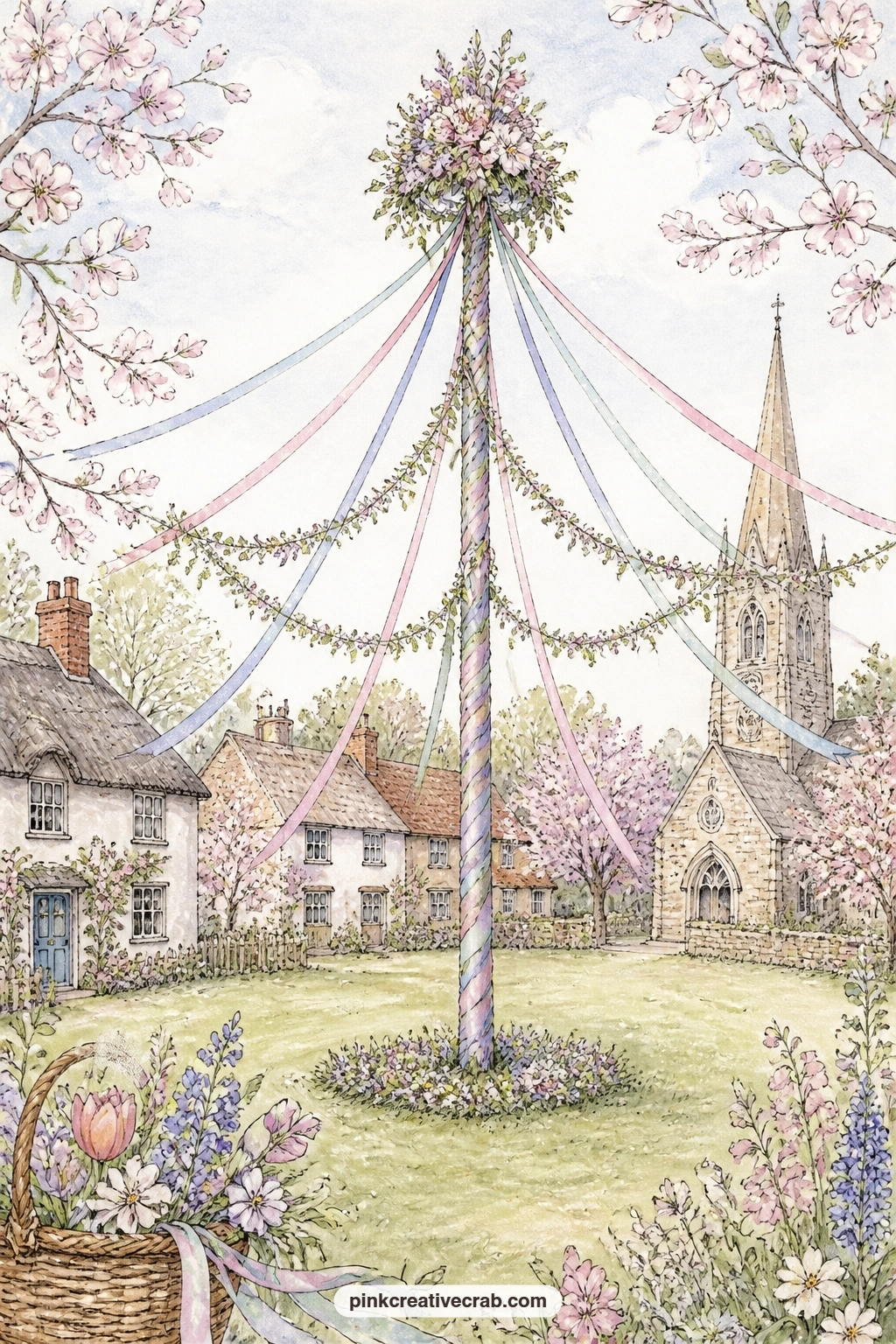 Maypole On The Village Green printable page — A ribboned maypole rises at the centre of the village green, garlands looped between the poles and the sky