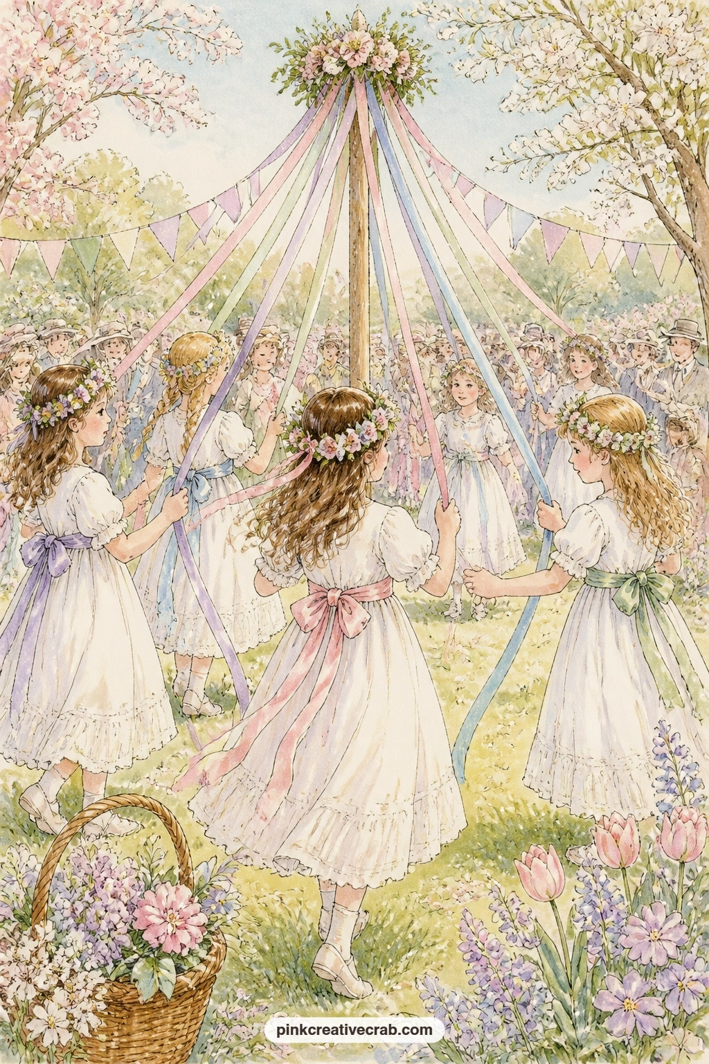Children Weaving Ribbons printable page — This is a good page for a short memory: who taught you to weave a maypole ribbon, or the first time you watched it