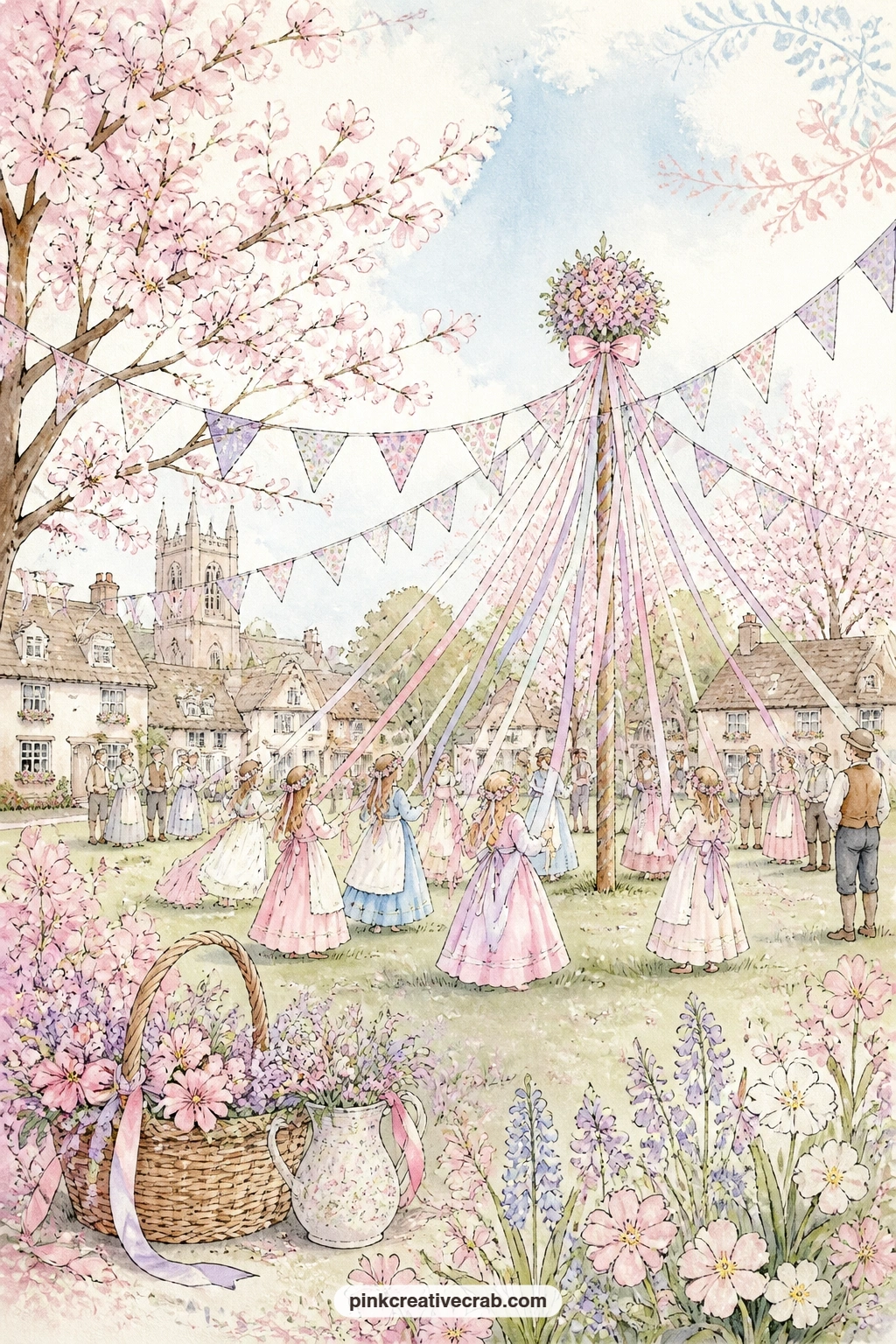 Village Green With Bunting And Cherry Trees printable page — Fold this page in half before gluing so the maypole opens like a small door, revealing a second