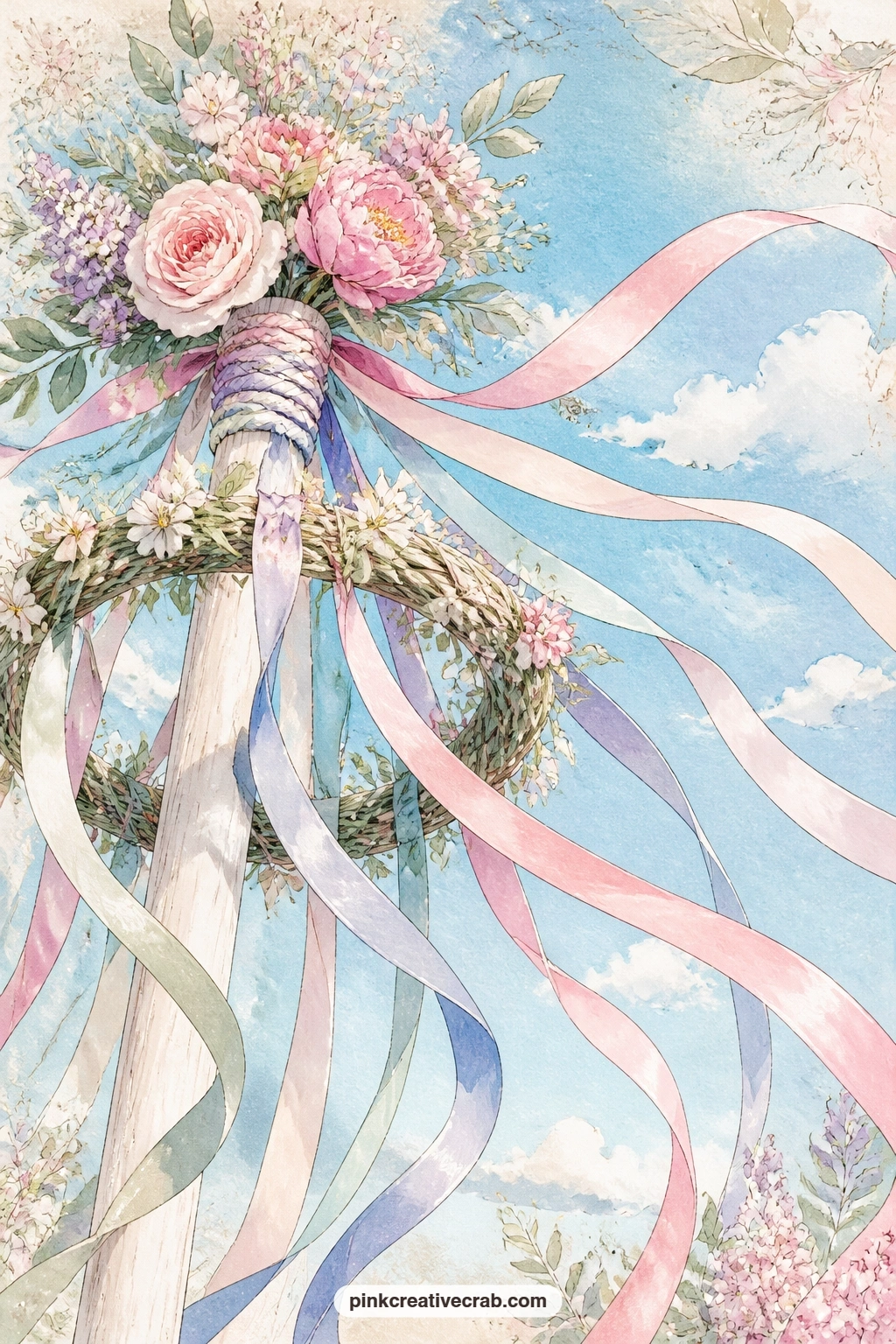 Pastel Ribbons Against Blue Sky printable page — Satin ribbons stream out from a flower-crowned maypole top, caught mid-flutter against a clear spring sky with