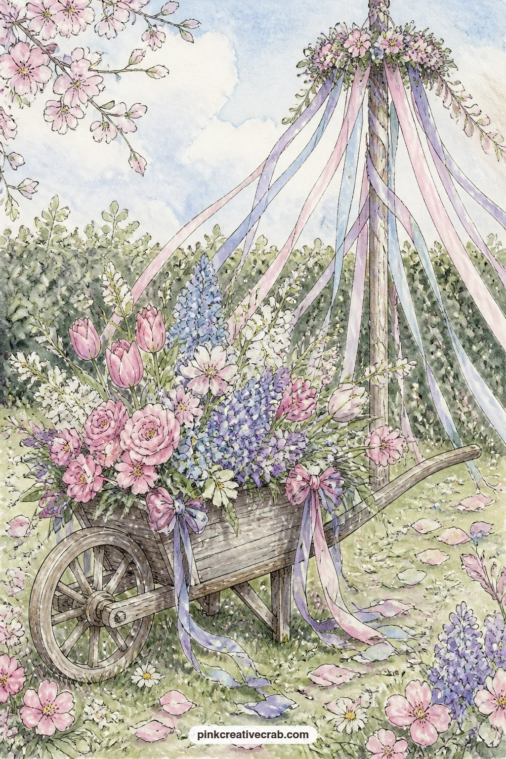 Wheelbarrow Of Spring Flowers By The Maypole printable page — Place this page opposite the first maypole page in your journal spread: the wheelbarrow sits at
