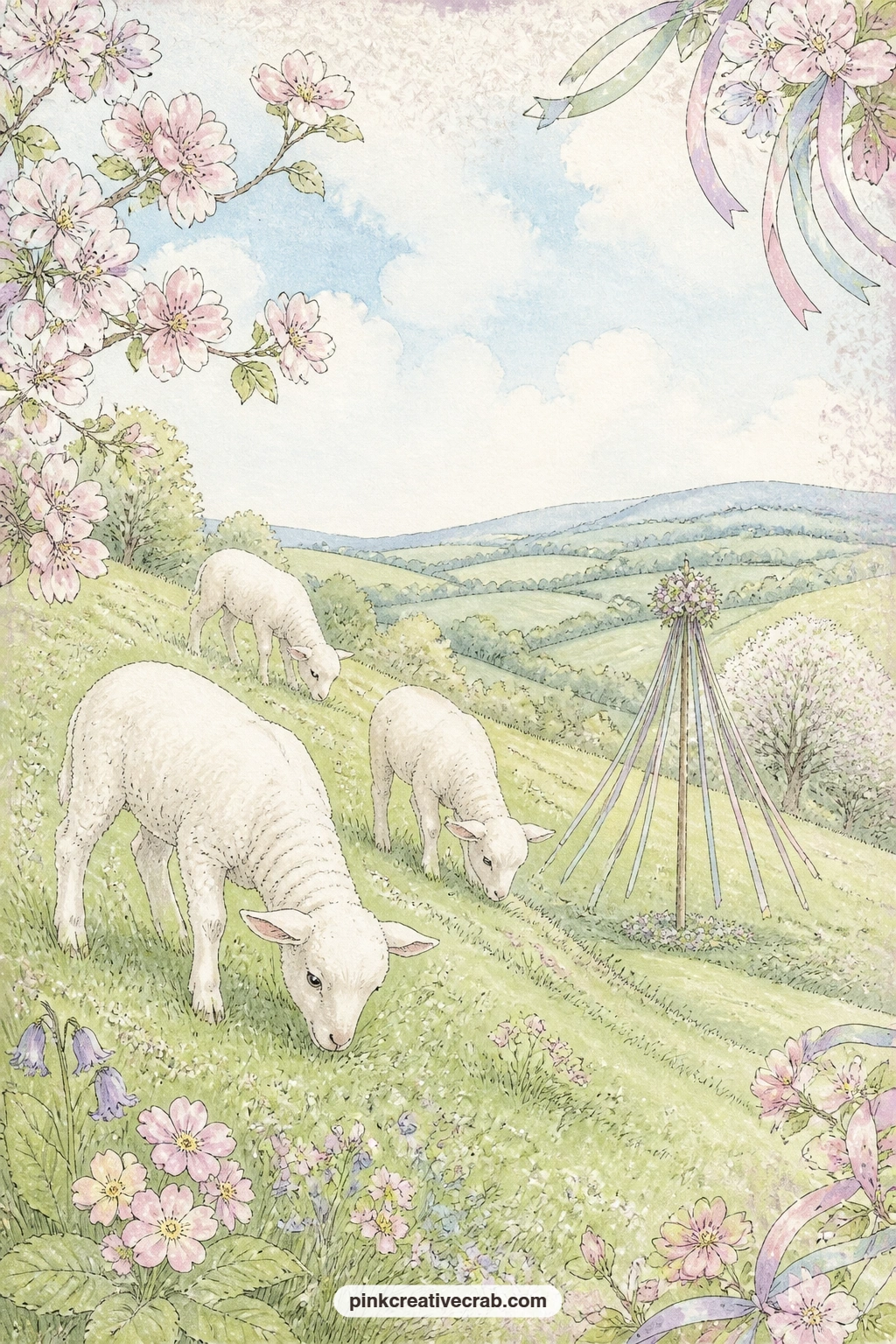 Lambs Near The Maypole printable page — Lambs graze on a green hillside while a ribboned maypole stands further down the slope, a quiet corner of the day away