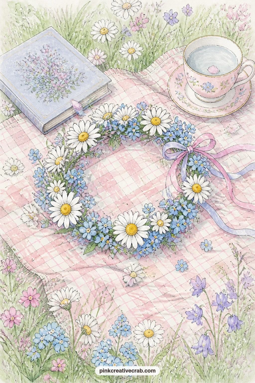 Daisy And Forget-Me-Not Crown On A Blanket printable page — Glue a shred of real ribbon or dried daisy petal to the crown's edge once the page is printed, so