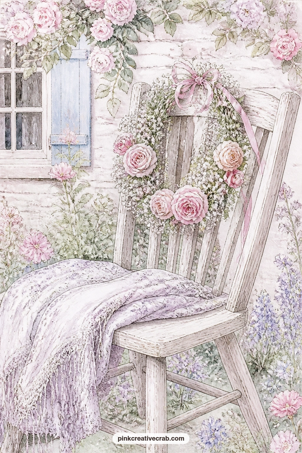 Rose And Baby's Breath Crown On A Chair printable page — The usual mistake here is painting the chair too small for the crown. May day junk journal