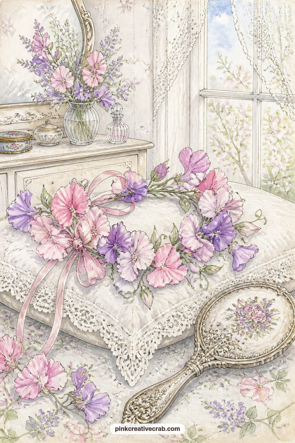 Sweet Pea Crown On A Lace Pillow printable page — A flower crown of sweet peas rests on a lace pillow next to a hand mirror, soft ribbons trailing off the edge