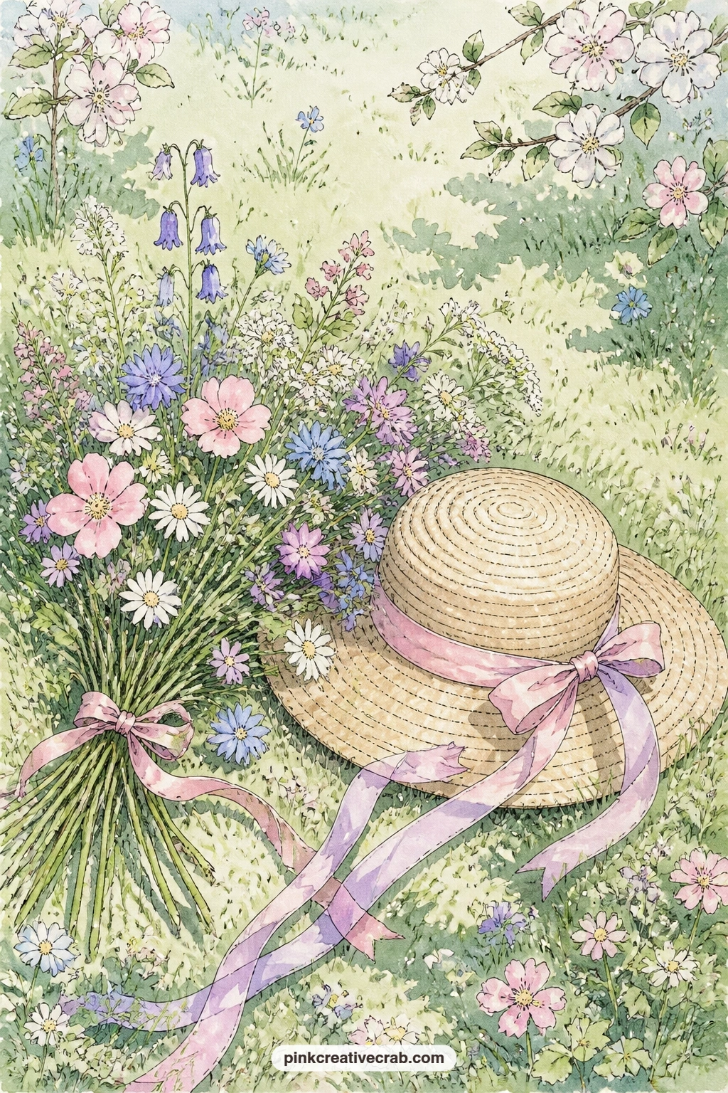 Straw Hat And Wildflowers On The Grass printable page — Tear the bottom edge of this page by hand rather than cutting it straight, so the hat seems to rest on