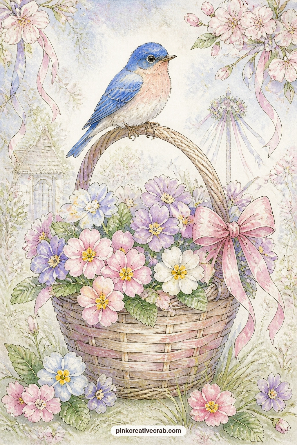 Bluebird On A Primrose Basket Handle printable page — A bluebird perches on the handle of a May basket packed with primroses, a small quiet moment on an