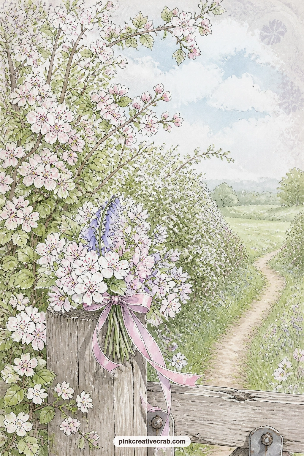 Hawthorn Hedge With A Tied Posy printable page — A blossoming hawthorn hedge runs the length of the page behind a single ribbon-tied posy left on a gatepost, a