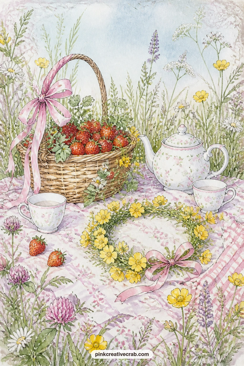Meadow Picnic With Strawberries And Buttercups printable page — A five minute version of this page: skip the full spread and paint just the basket of
