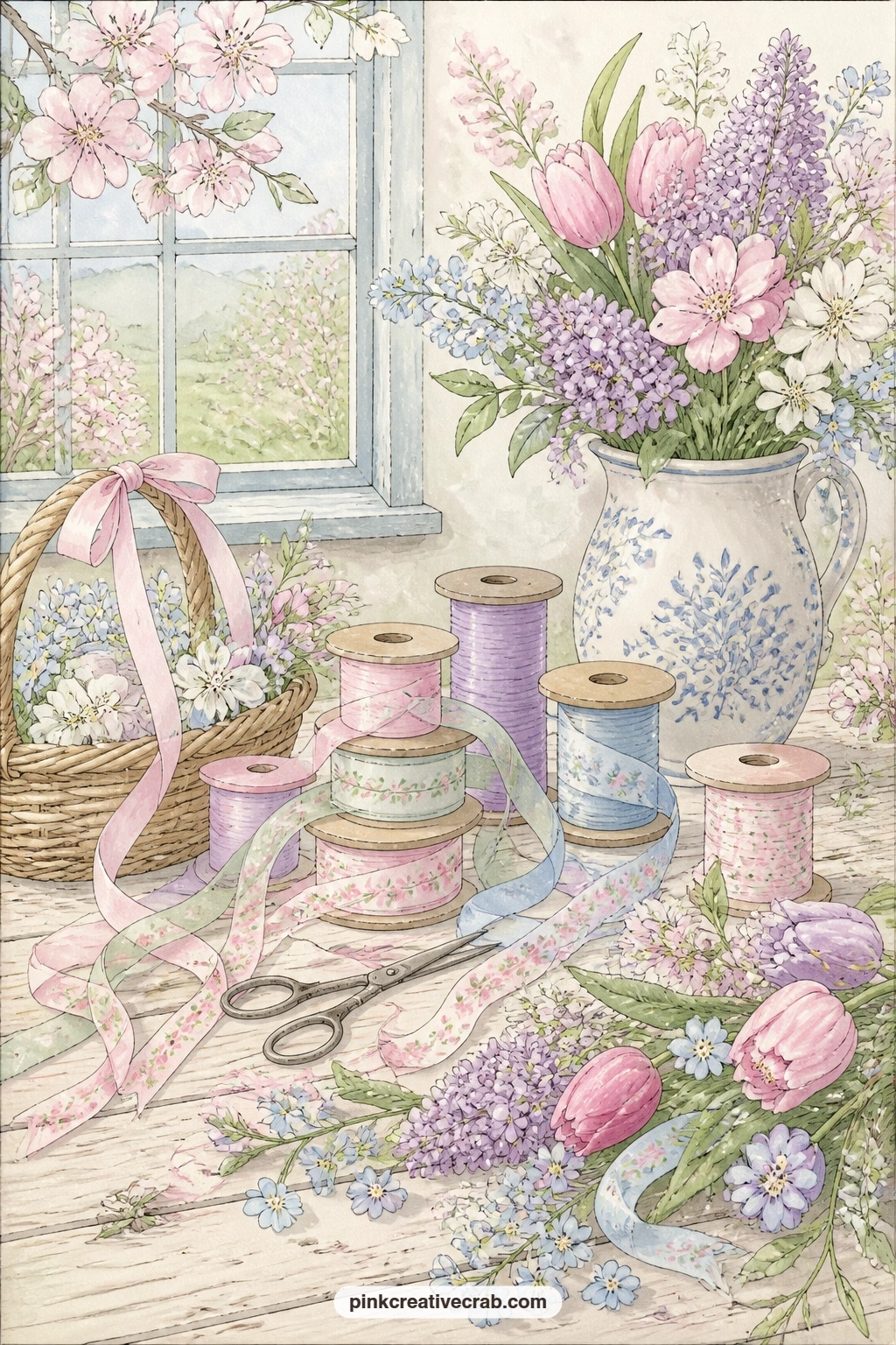 Table Of Ribbons And Fresh Flowers printable page — Use this page as a worktable for your journal: write a short list of what you need for making May baskets