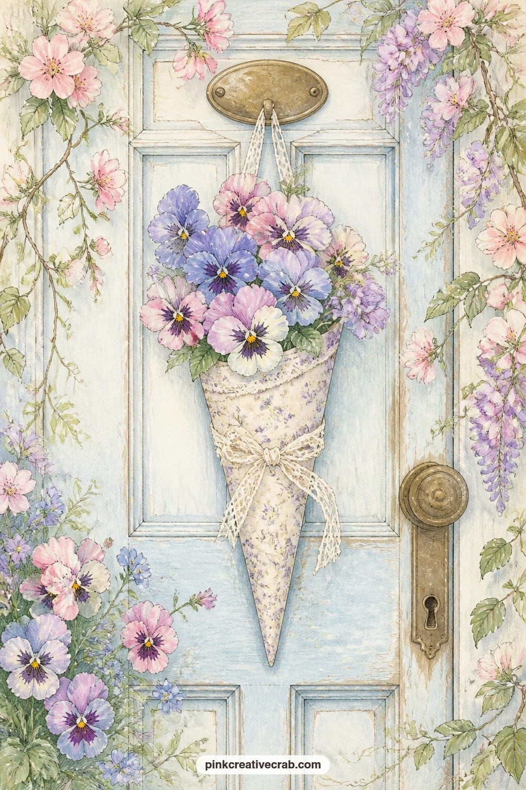 Pansy Cone On An Old Front Door printable page — Try tea-staining just the top edge of this page before printing the second copy you keep as a spare, so one