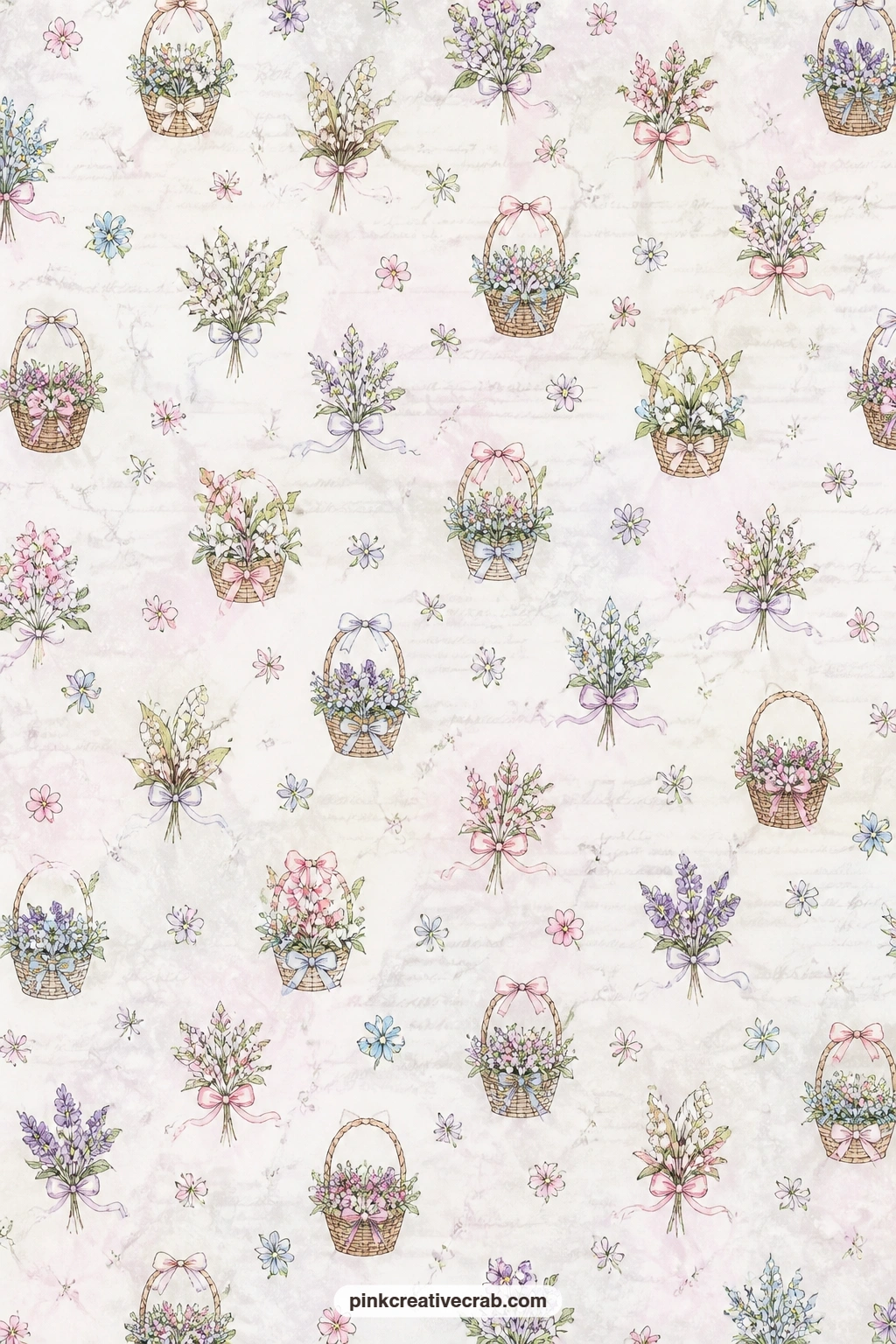 Tiny Baskets And Posies Pattern printable page — Small May baskets and loose posies repeat edge to edge across this sheet in the set's blush and sage palette.