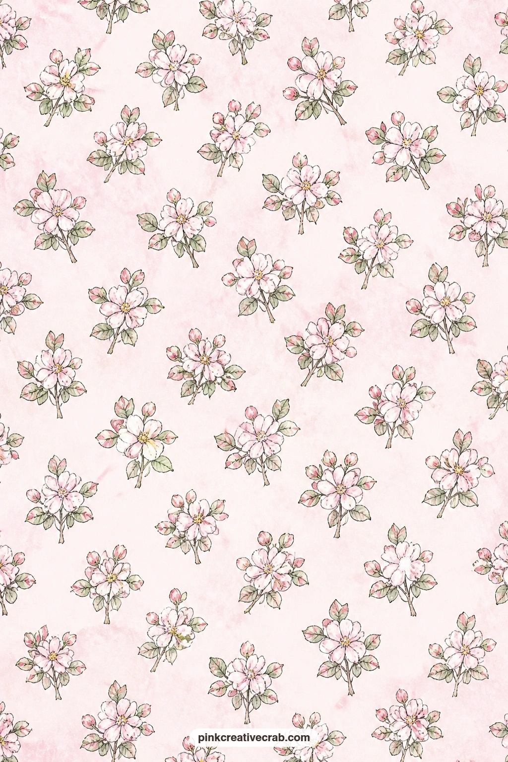 Apple Blossom Sprigs Pattern printable page — Small sprigs of apple blossom repeat over a pale pink ground, soft enough to sit under a photo without competing