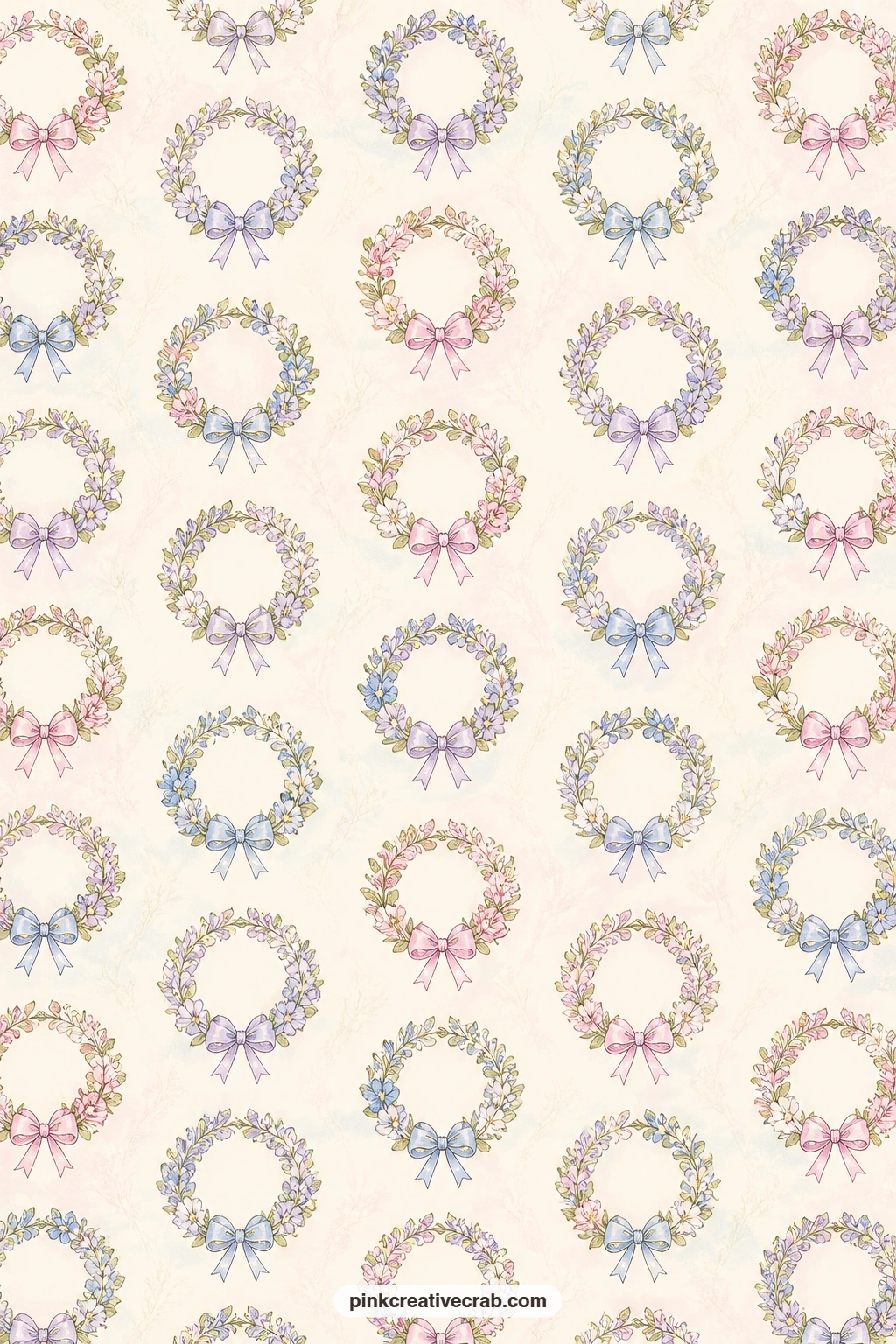 Flower Crown Wreaths Pattern printable page — Small wreaths of mixed spring flowers repeat across a cream ground, echoing the crowns worn earlier in the set.