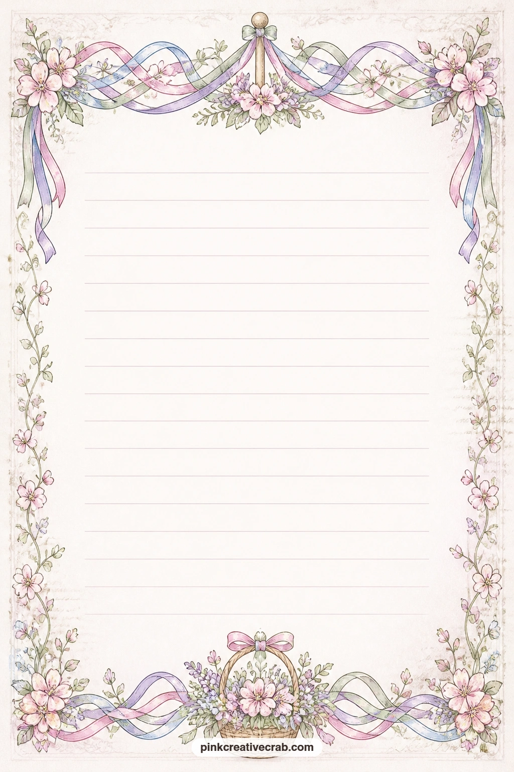 Maypole Ribbon Border Page printable page — Pastel ribbons loop along the top and bottom of this page, framing lines left open for a May Day guest list, a