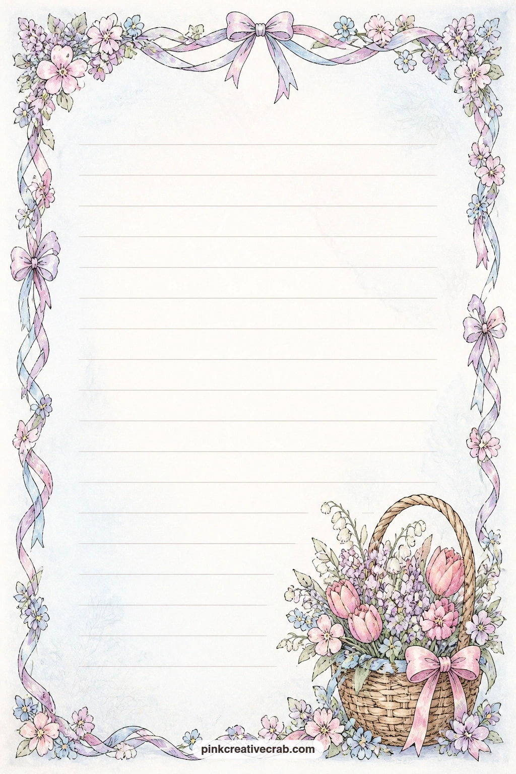 May Basket Corner Page printable page — A small May basket of mixed flowers sits in one corner, leaving the rest of the page for a recipe for May Day cake, a