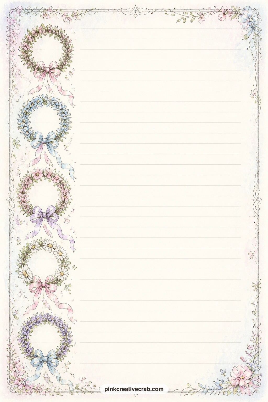 Flower Crown Garland Border Page printable page — A garland of flower crowns runs down one side of this page, leaving space beside it for a gift list, a note