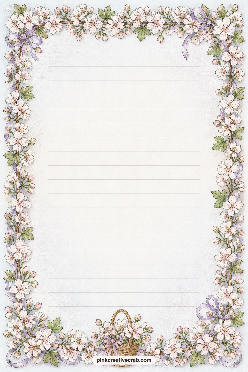 Hawthorn Blossom Frame Page printable page — Hawthorn blossom frames all four edges of this page, holding space in the middle for a packing list for a picnic