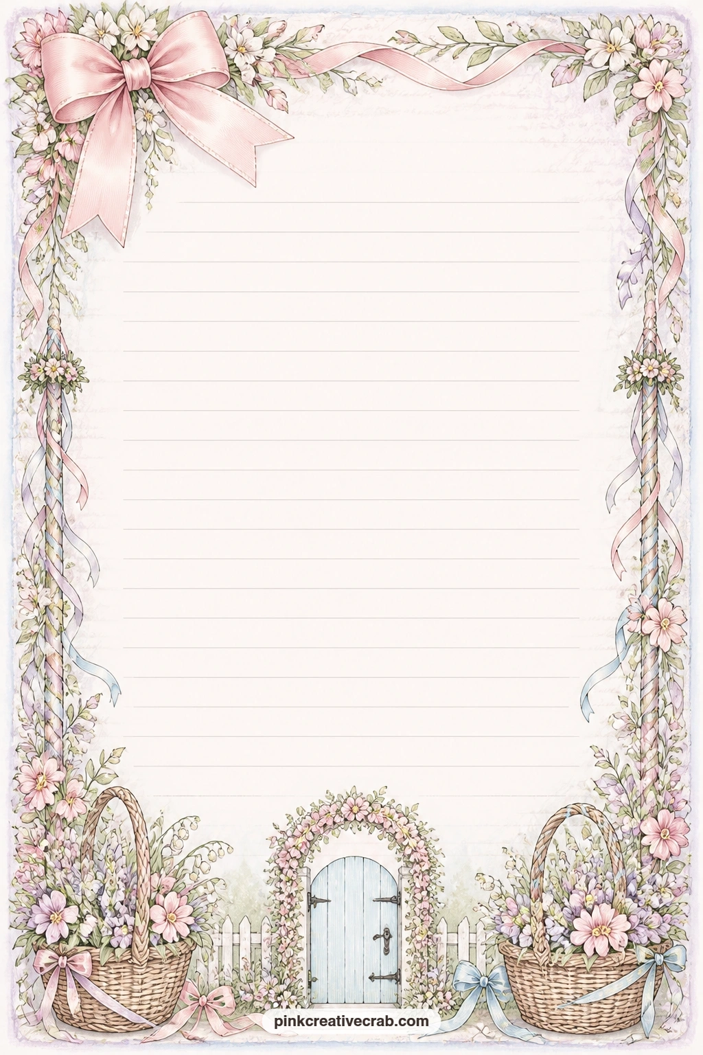 Pastel Ribbon Bow Corner Page printable page — A single pastel ribbon bow sits in the top corner of this page, small enough to leave most of the sheet free for