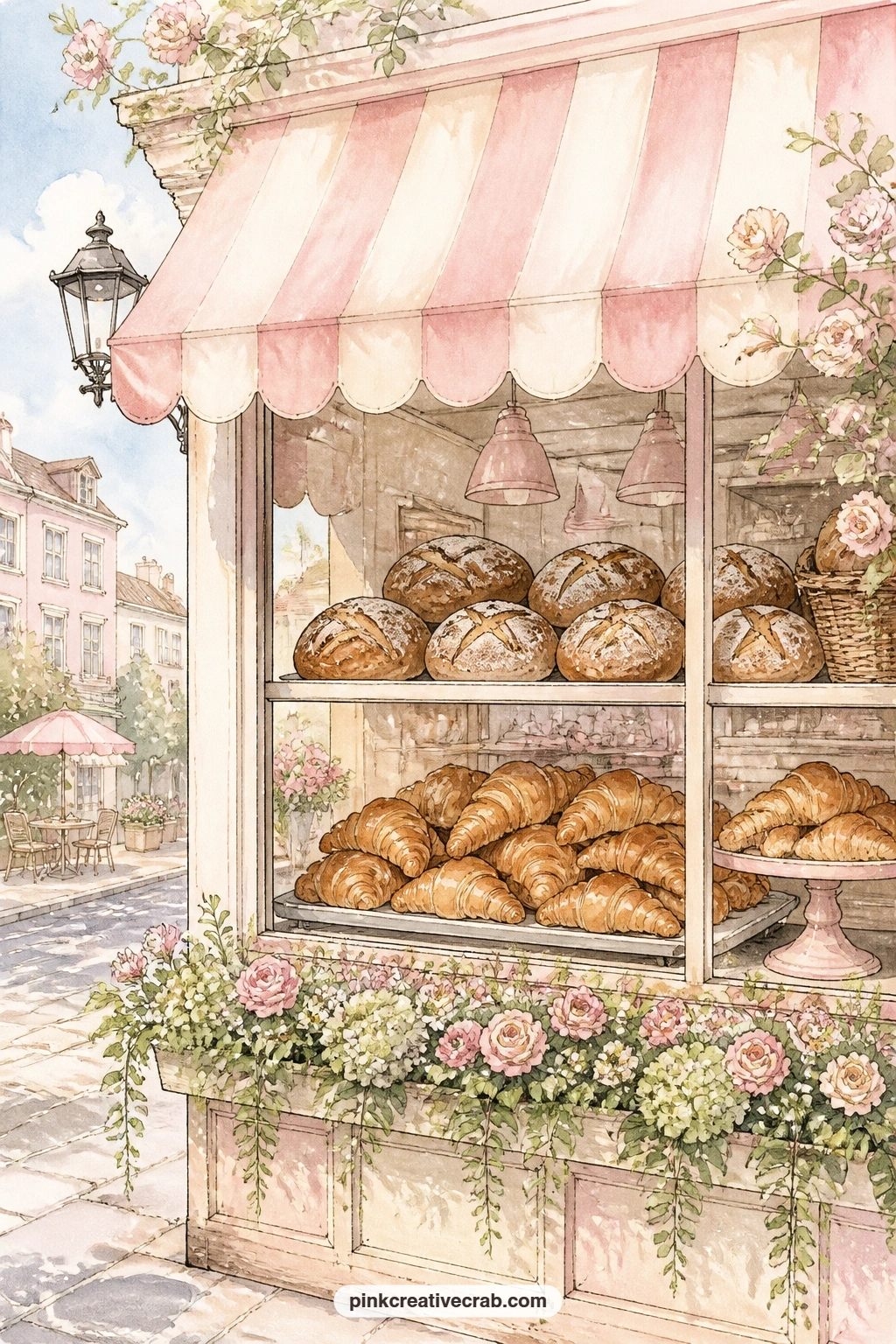 Bakery Window With Striped Awning printable page — Loaves, croissants and a striped awning fill the window of a corner bakery just as the shop opens for the
