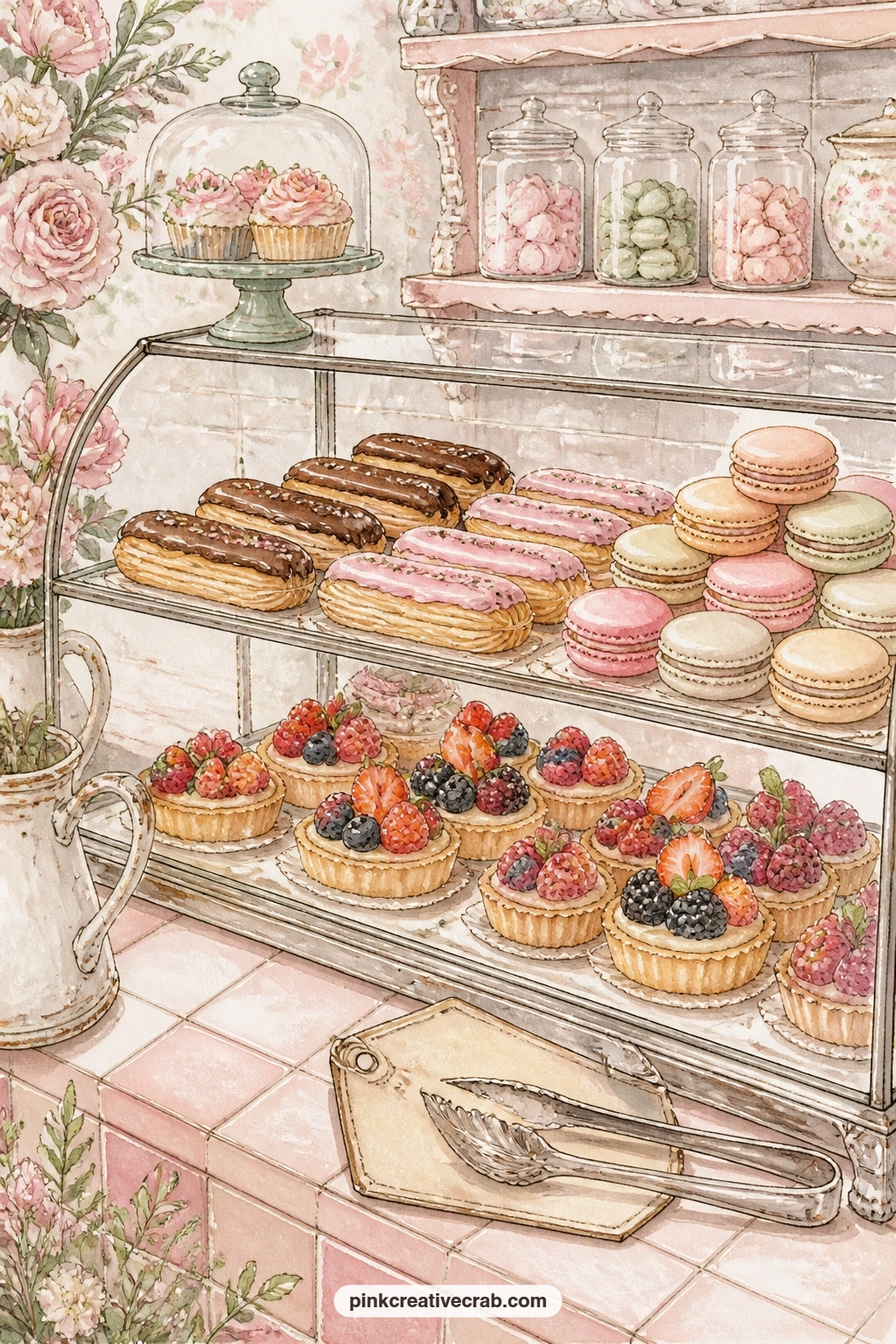 Glass Pastry Case Of Treats printable page — Tuck a real bakery receipt, a napkin or a folded note about a favorite pastry shop into the corner of this page