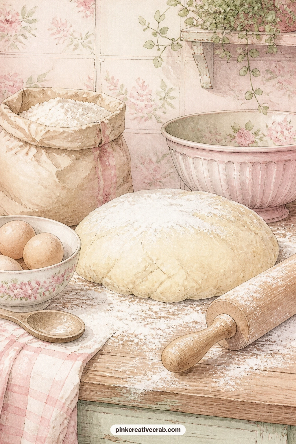 Flour Dusted Counter With Dough printable page — Pair this page with the pastel macarons background from this set, using the pattern as a pocket lining tucked