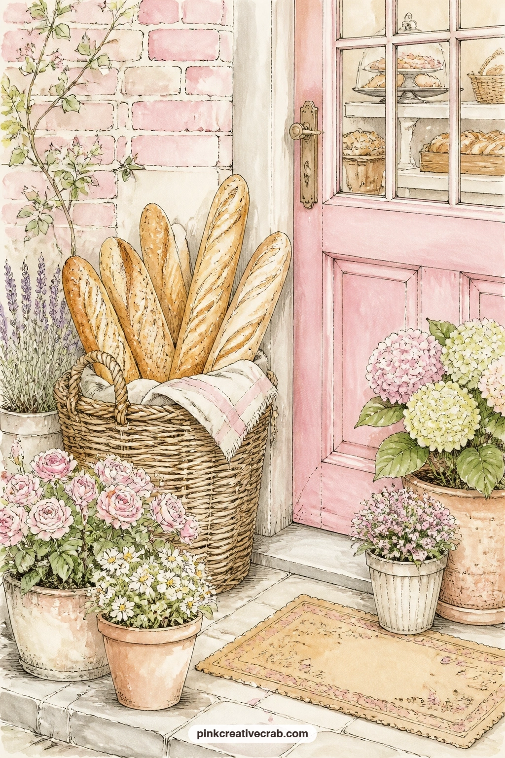 Basket Of Baguettes By The Door printable page — Baguettes rest in a basket beside the bakery door, with flower pots and a painted step setting the scene for